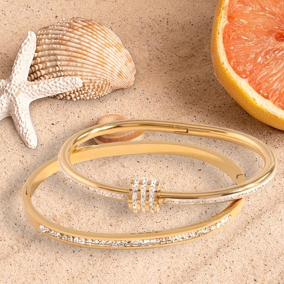 2 Gold-plated Cubic Zircon Bangles - Picture 1 of 5